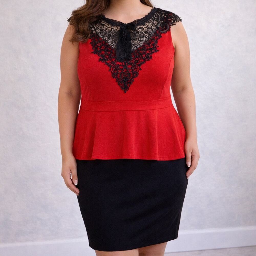 Dots Red Black Lace Yoke Peplum Sheath Dress Sz 3X